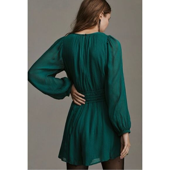 NEW Anthropologie Long-Sleeve Green Deep V-Neck Ruched Somerset Romper X-Small - Picture 2 of 4